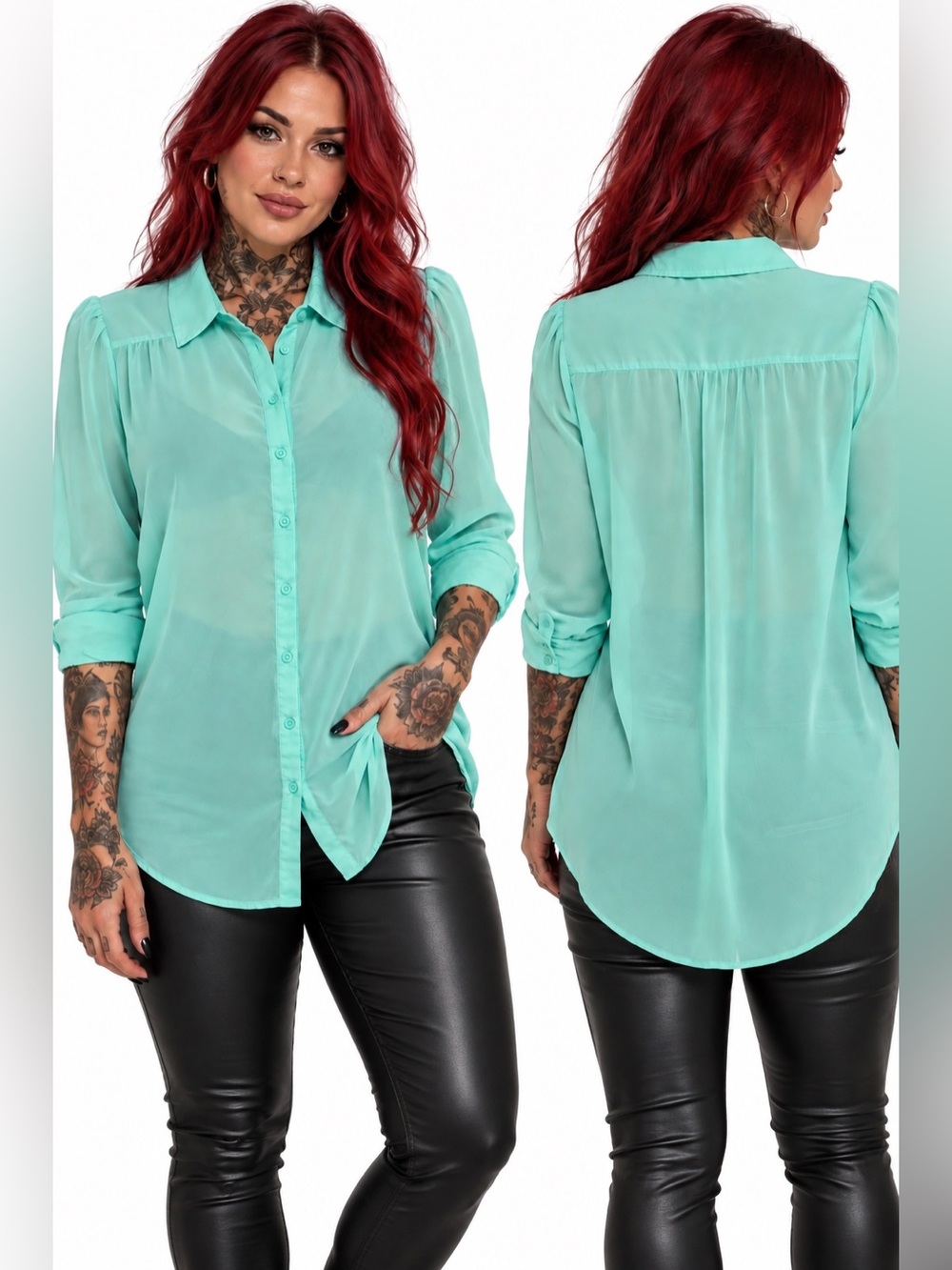Mint Sheer Long Button-Up Blouse